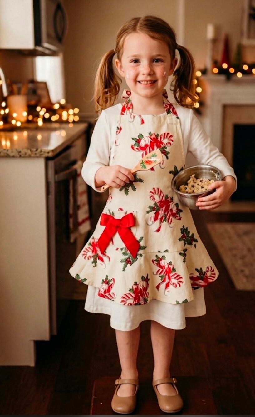Jessie Steele Girls Christmas Candy Cane Apron Holiday Red Bow